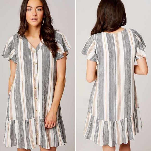 Altar’d State Maxwell Dress Button Front Striped Ruffle Hem Size M - Picture 1 of 13